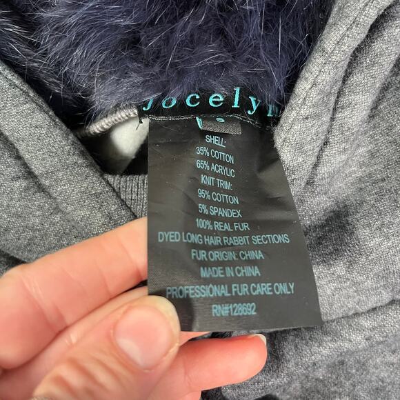 NWOT Jocelyn Small Fur Trim Pullover Hoodie Heather Gray Navy Blue Sweatshirt - Picture 6 of 11
